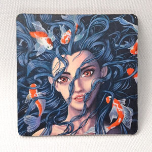 Topielica – Slavic Water Spirit Among Koi Fish - Wooden Cup Coaster