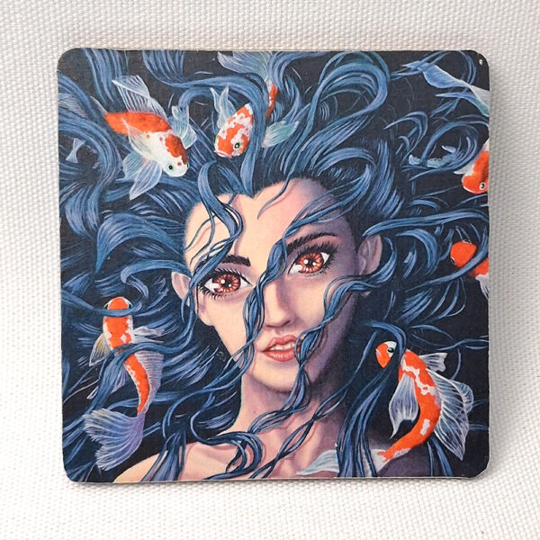 Topielica – Slavic Water Spirit Among Koi Fish - Wooden Cup Coaster