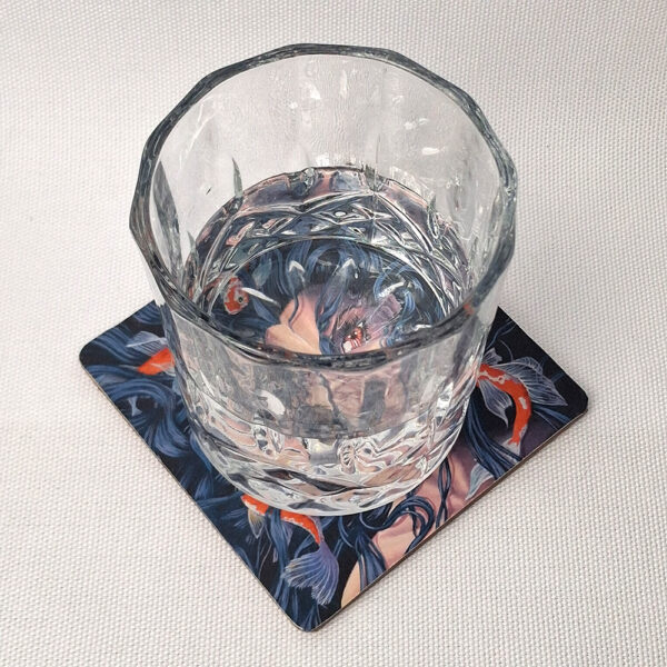 Topielica – Slavic Water Spirit Among Koi Fish - Wooden Cup Coaster - Image 2