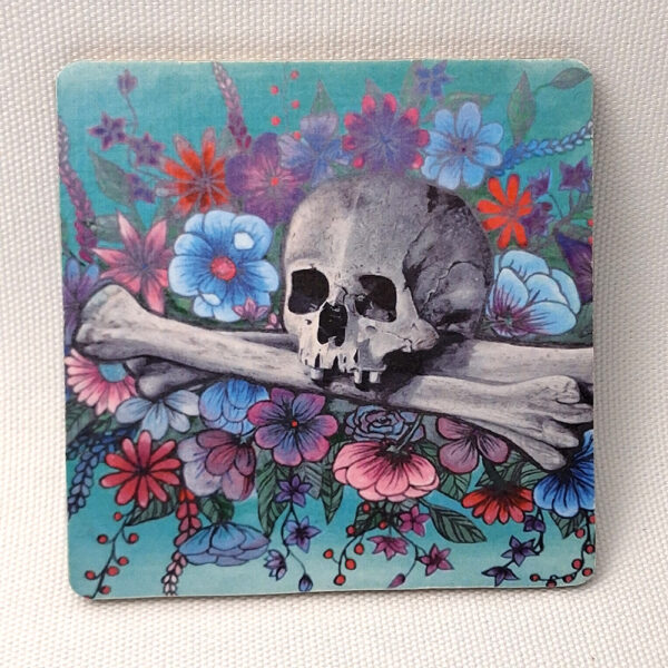 Skull with Colorful Flowers - Wooden Cup Coaster