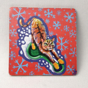 Cat x-mas Snow Slider- Wooden Cup Coaster