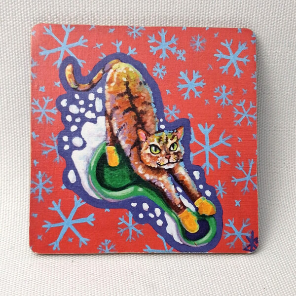 Cat x-mas Snow Slider- Wooden Cup Coaster