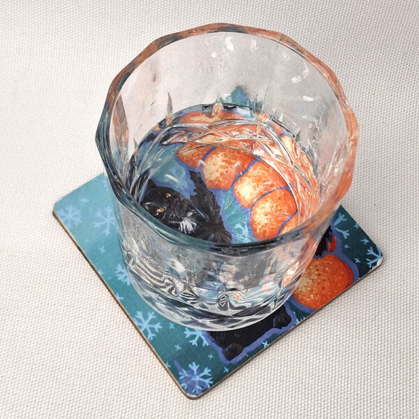Cat x-mas Tangerines- Wooden Cup Coaster - Image 2