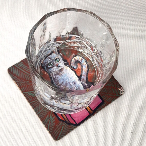 Cat x-mas Gift - Wooden Cup Coaster - Image 2
