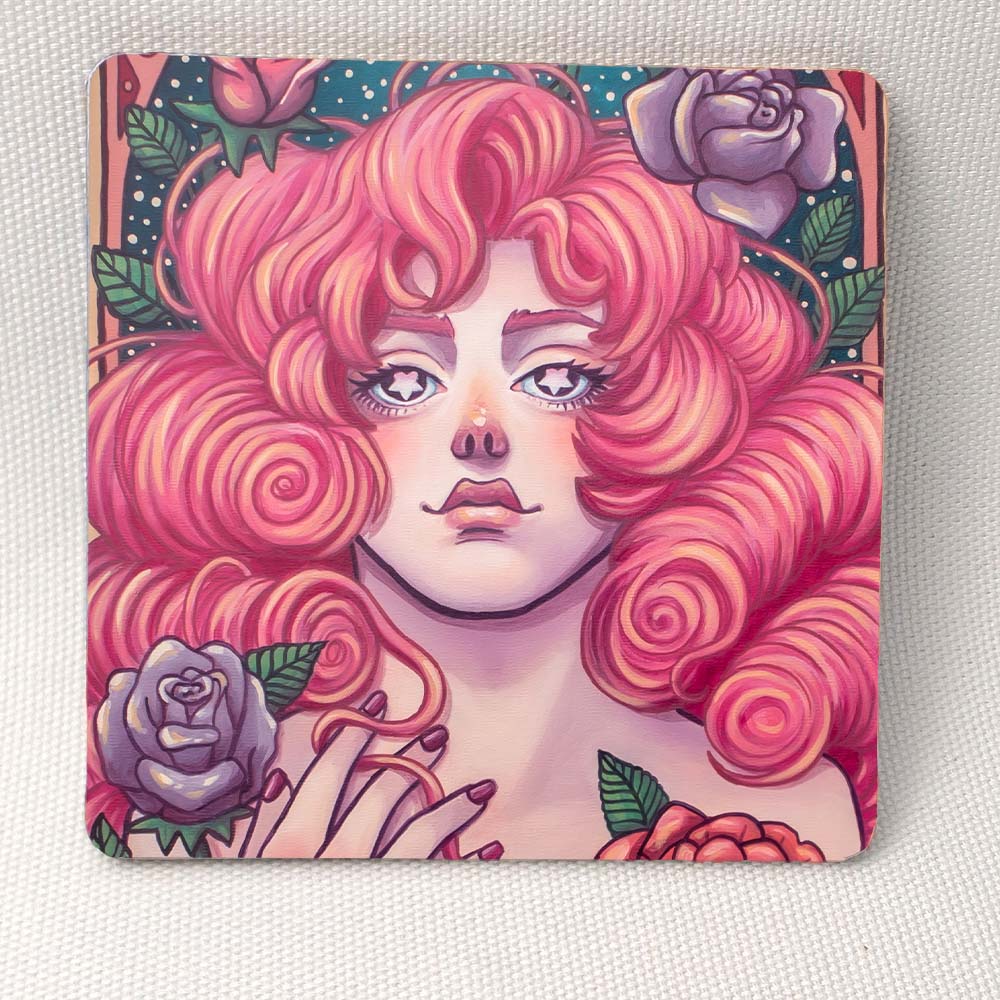 Floral Grace of Rose Quartz - Wooden Cup Coaster